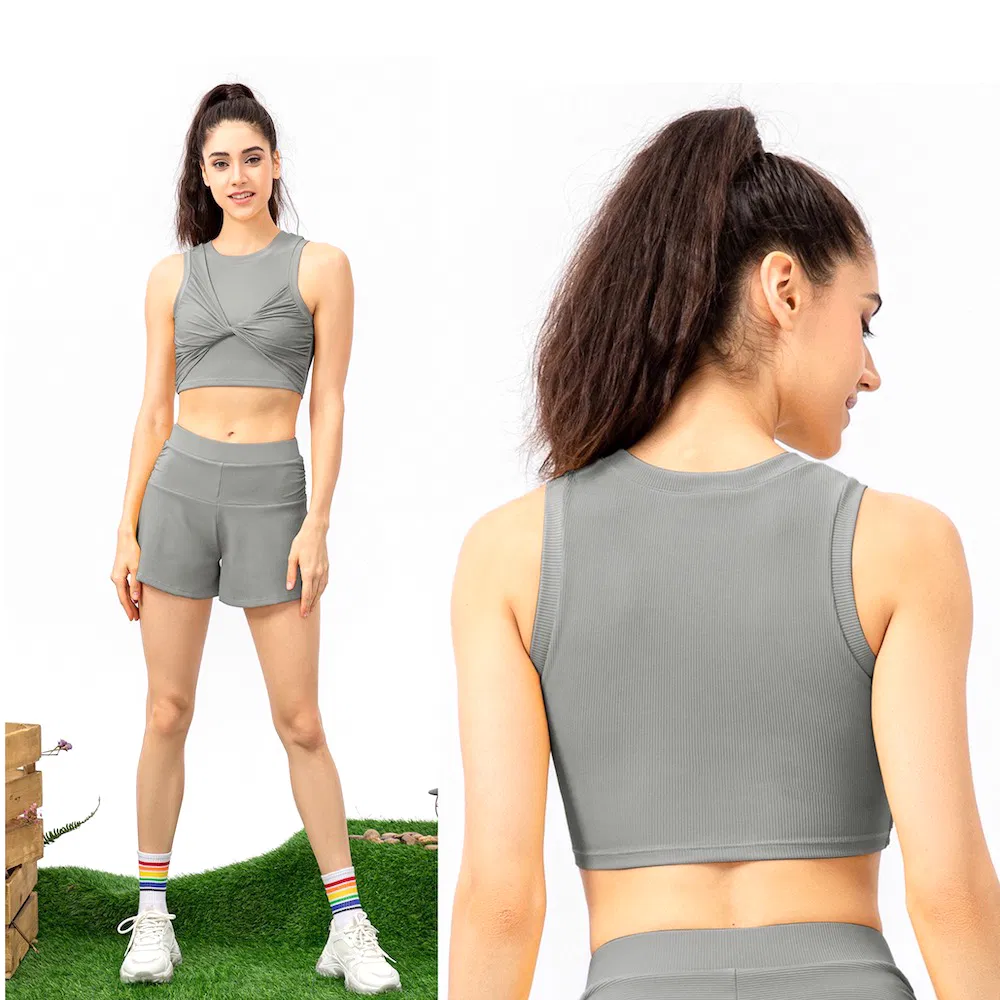 2 Conjunto Fofo de Verão Roupas de Lazer Ribbed para Exercícios Corrida Tênis Golfe Ciclismo para Mulheres, Top de Ginástica Casual com Shorts Atletas Roupas Esportivas Casuais