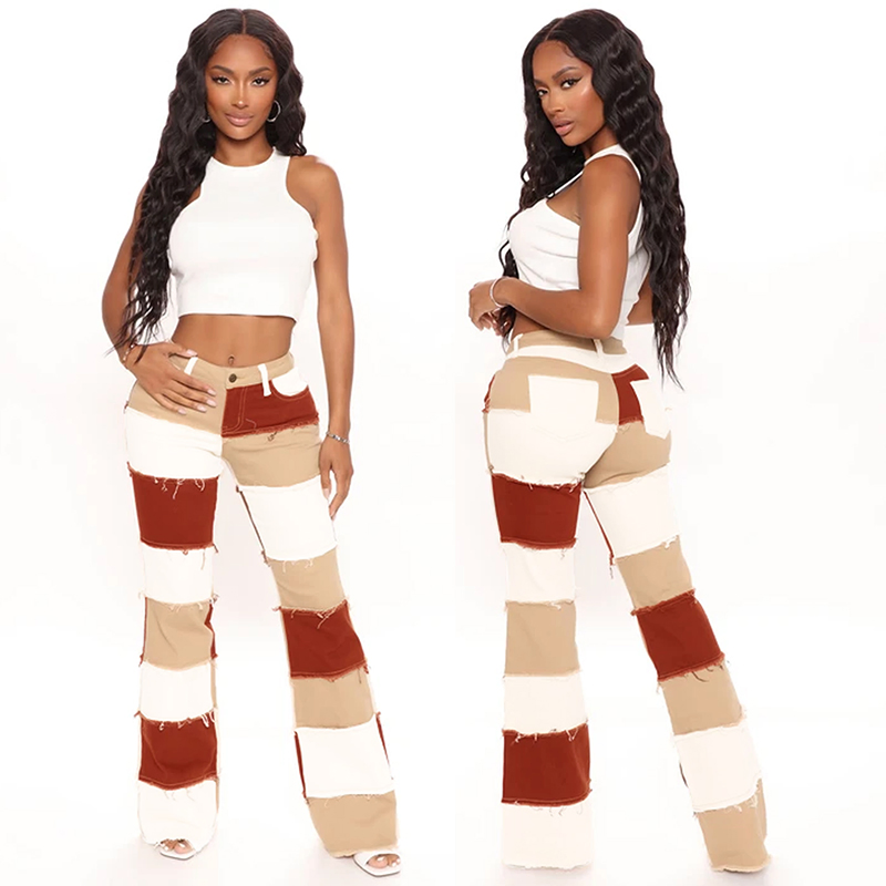 Novas Calças de Denim Casuais de Cintura Alta com Flare Slim para Mulheres, com Patchwork de Inverno