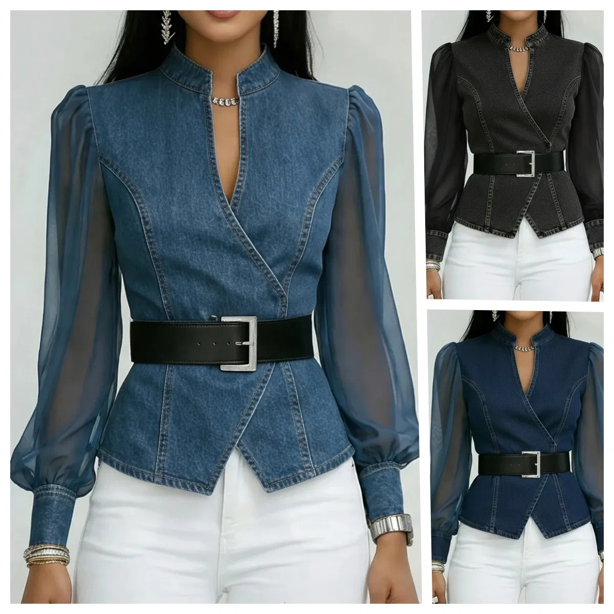 Blusa de Denim com Gola Alta para Mulheres, Manga Longa Puff Transparente e Cinto na Cintura Correspondente