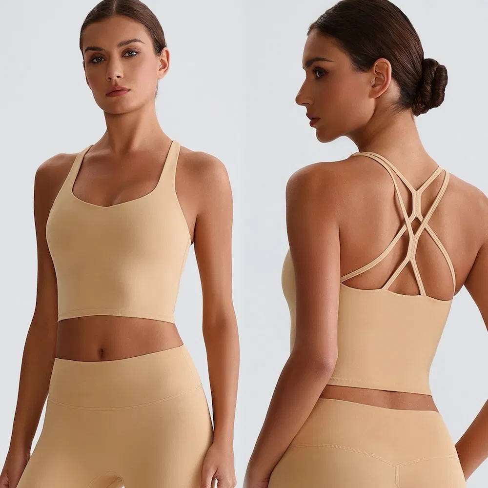 Nova Moda Sustentável de Roupas de Yoga e Pilates, Top Atlética com Costas Cruzadas e Almofadas Removíveis para Mulheres, Camisetas de Esportes ao Ar Livre com Logotipo Personalizado