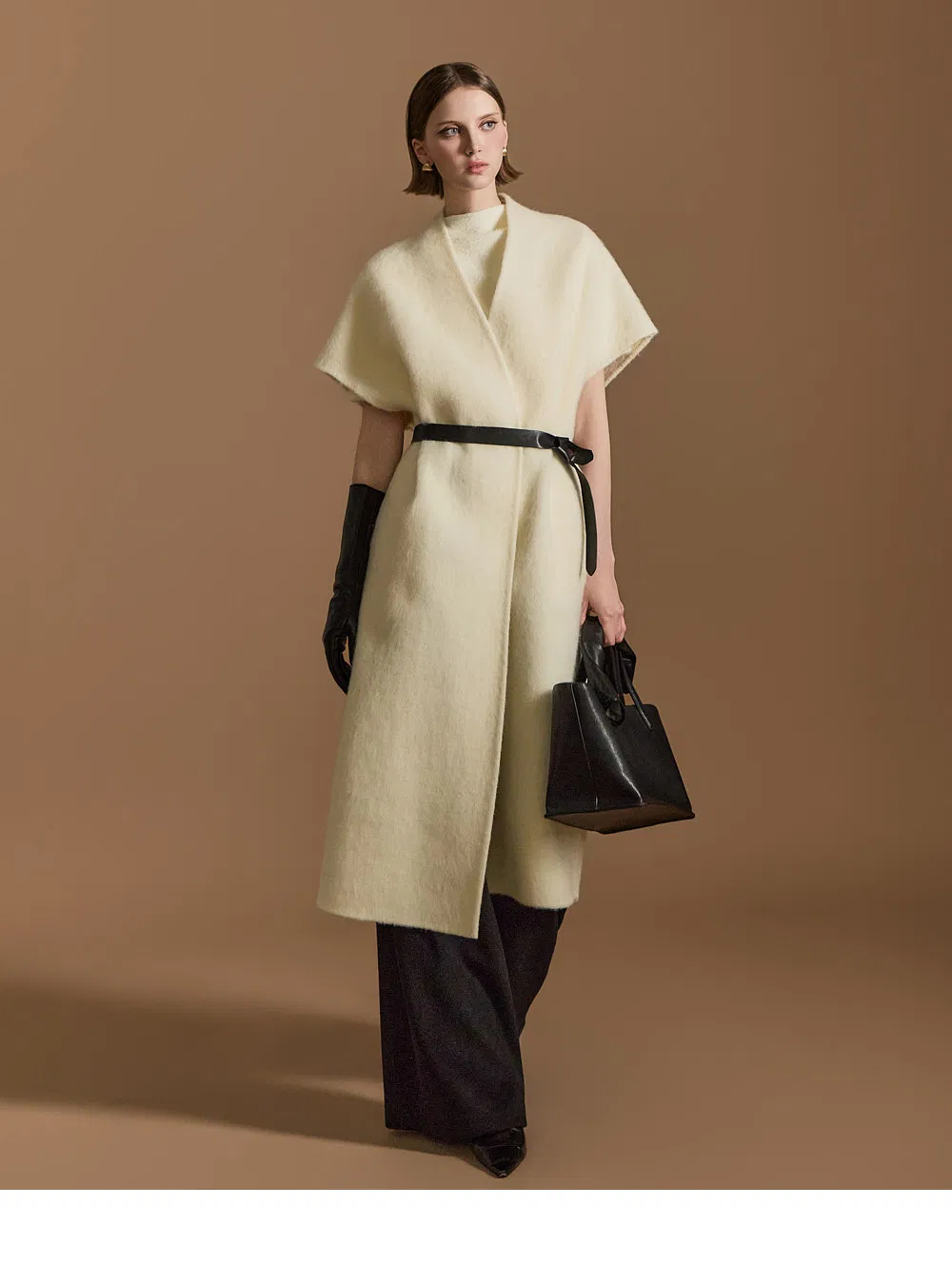 Casaco de Lã com Gola de Cape de Luxo para Mulheres, Oversized, com Cinto, Sobretudo Longo de Lã, Elegante, Roupa Externa