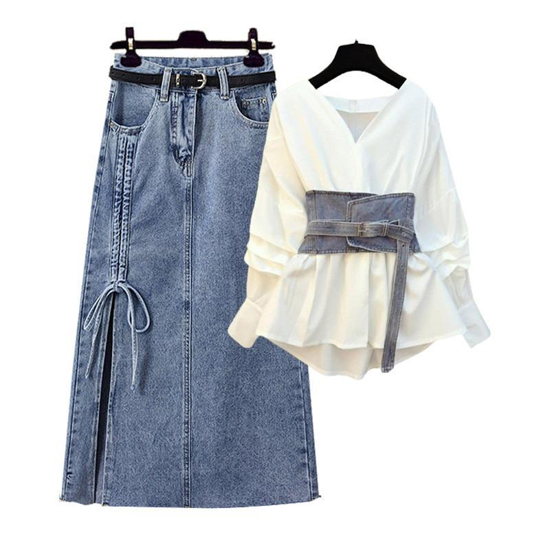 Conjunto de Roupas de Camisa com Cintura Fina e Saia de Jeans para Mulheres Plus Size OEM