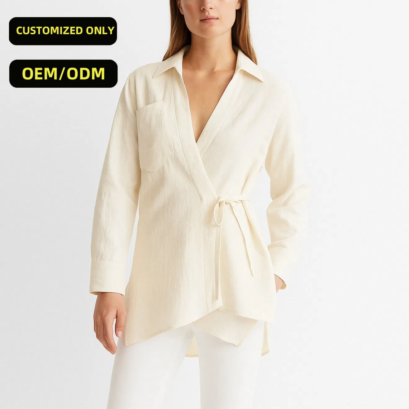 Blusa de Linho Elegante de Manga Longa Personalizada para Mulheres