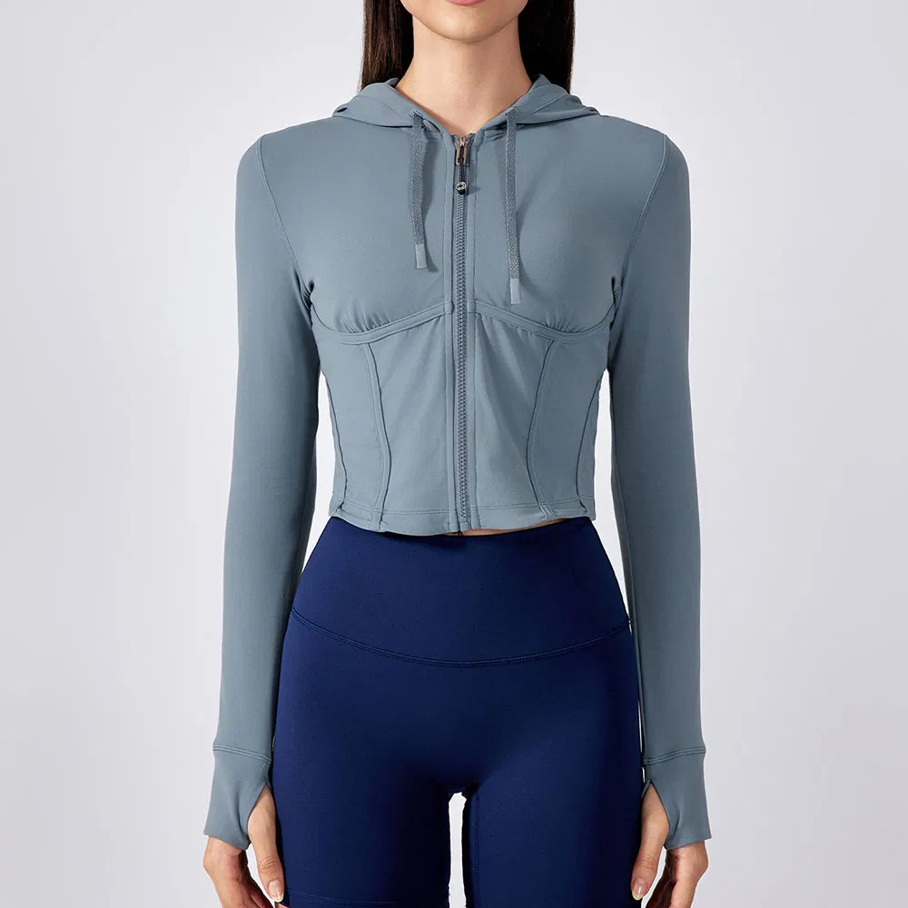 Jaqueta de Fitness ao Ar Livre para Mulheres, Cropped, Ajuste Slim, com Capuz, com Cordão, Casaco para Treino
