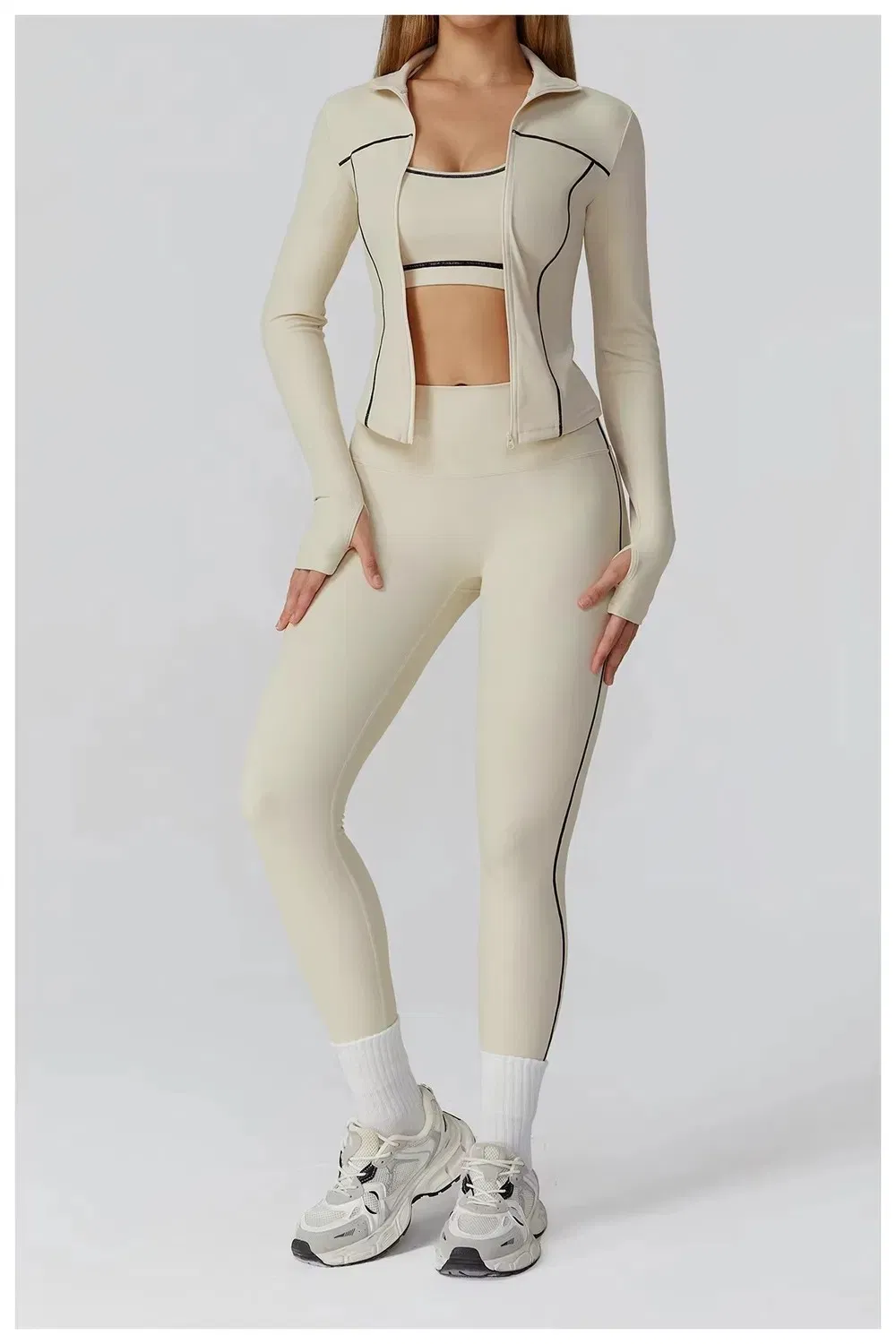 Conjuntos de Treino para Mulheres 3 Leggings Seamless de Cintura Alta, Top Cropped, Jaqueta, Roupa de Academia, Conjunto de Yoga, Sutiã Esportivo, Conjuntos de Tracksuit, Roupa de Yoga, Roupas Ativas, Roupas Esportivas