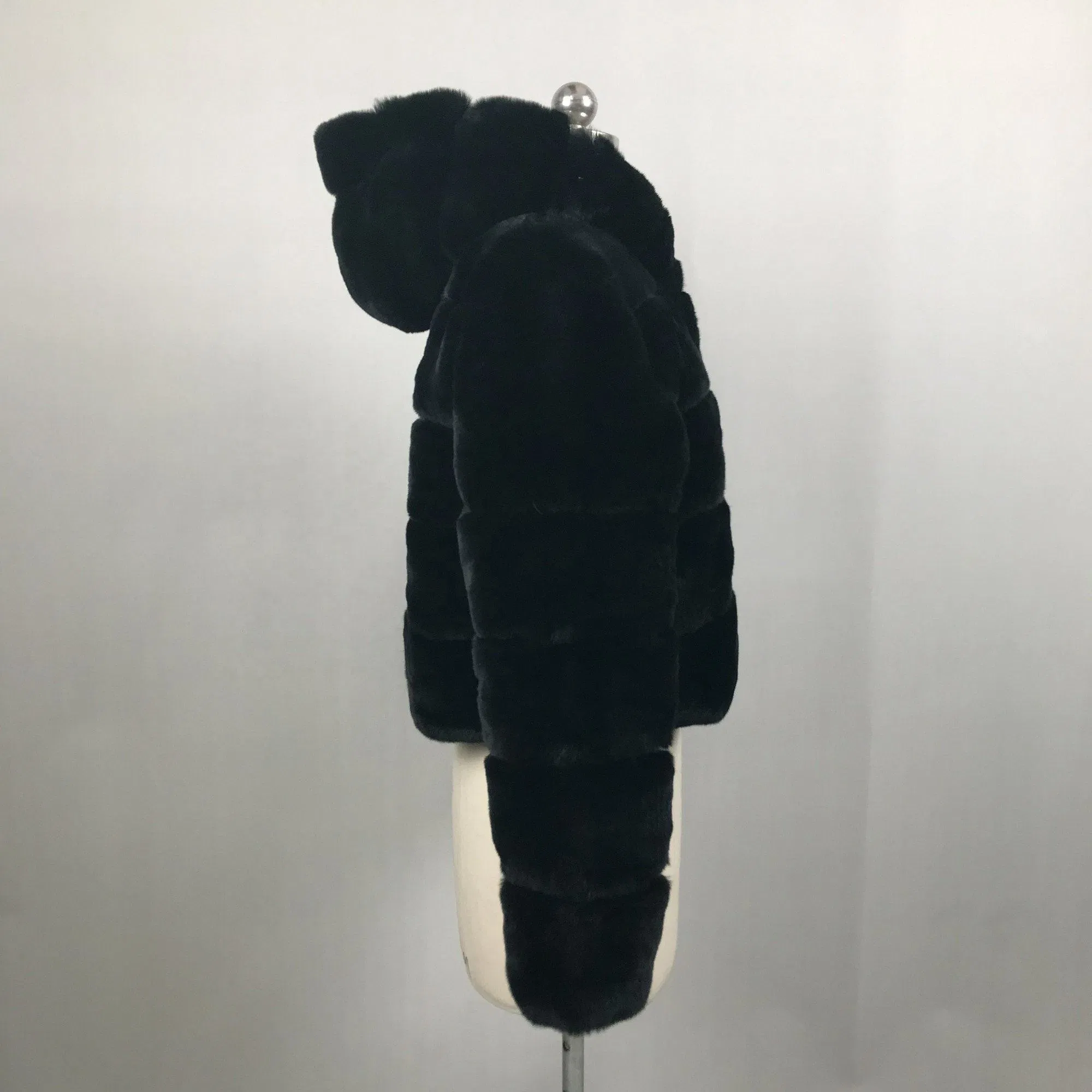 Atacado Mulheres Inverno Quente Personalizado Reversível Com Capuz Manga Longa Senhora Casaco de Pato Rex Coelho Mulheres Casaco de Pêlo Real