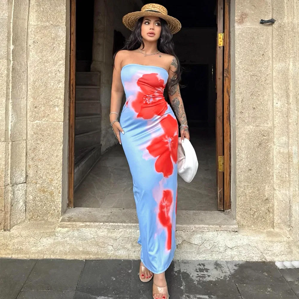 Vestido de Impressão Feminino Atacado Sem Alças Longo Moda Vestidos de Festa à Noite