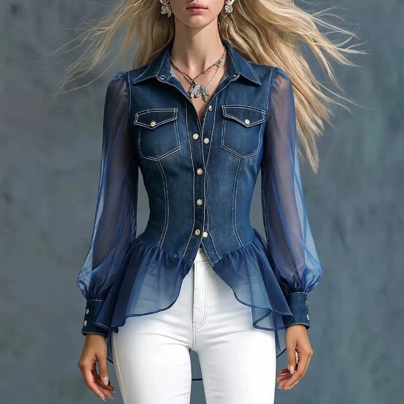 Camisa de Denim com Gola Pontuda para Mulheres, Manga Puff Transparente, Peplum, Cintura Ajustada, Blusa de Botão