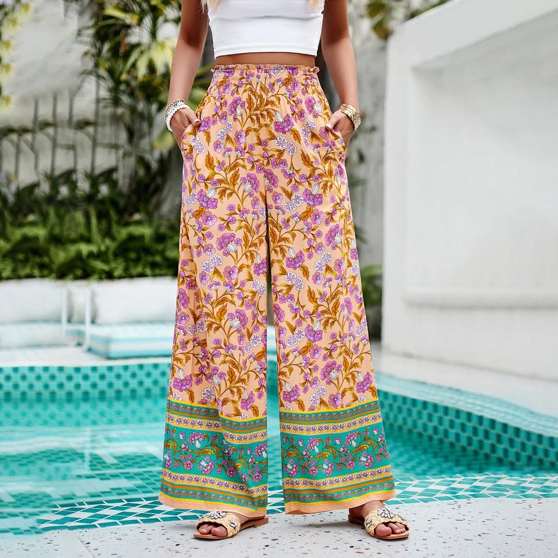 Calças soltas florais impressas em cores casuais para mulheres