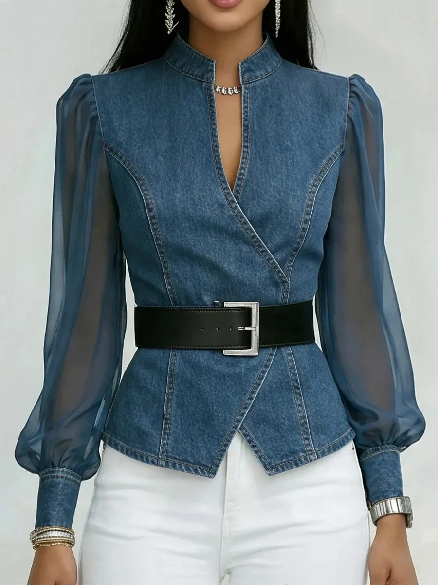 Blusa de Denim com Gola Alta para Mulheres, Manga Longa Puff Transparente e Cinto na Cintura Correspondente