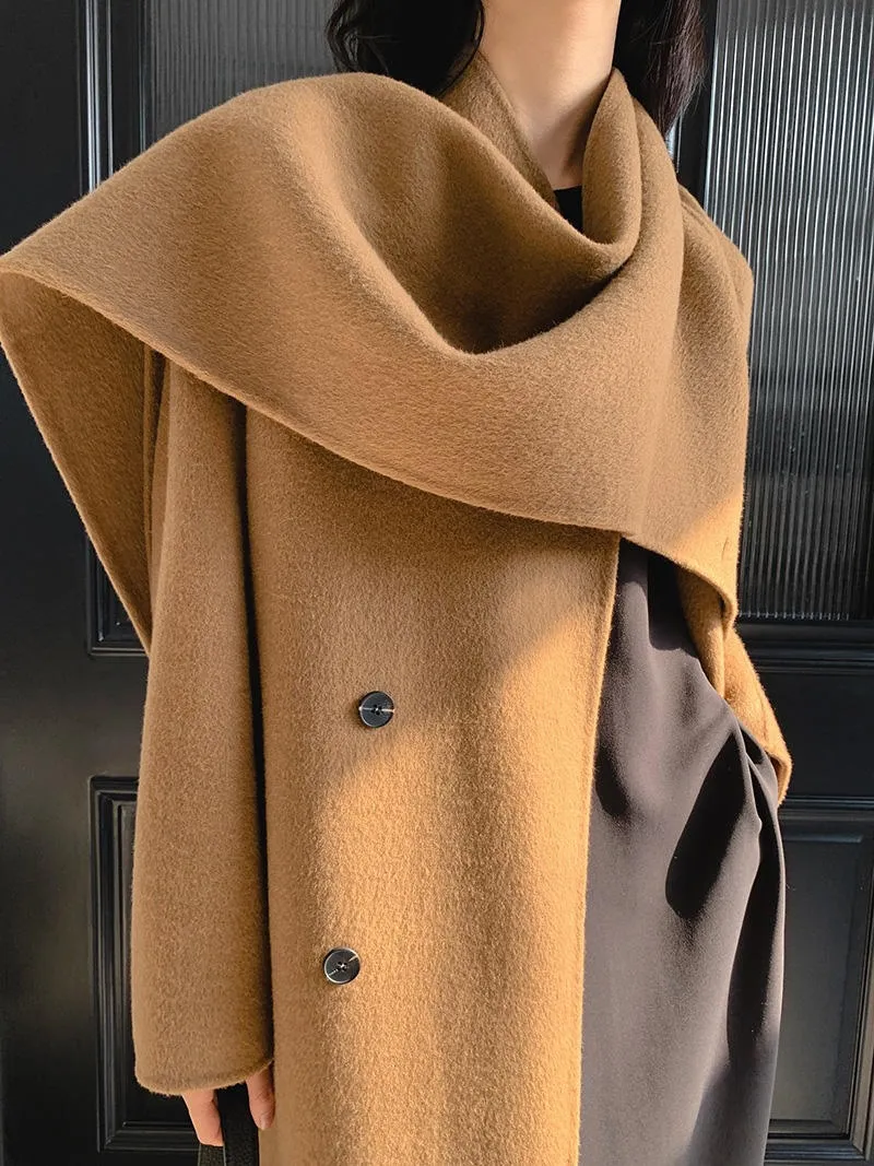 Vendas Diretas de Fábrica de Cachecóis Femininos, Casacos Longos de Lã de Cashmere com Gola, Casacos de Lã Dupla Face