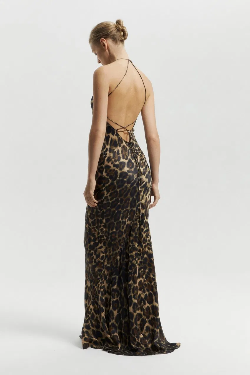 Vestido de noite feminino sexy e justo personalizado por atacado, vestido longo de mulher, vestido de slip longo para ladies, vestido de festa com estampa de leopardo, vestido formal de luxo