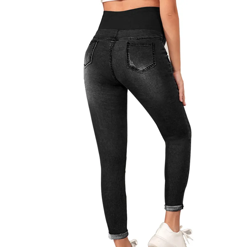 Calças de cintura alta de denim para mulheres grávidas europeias e americanas, calças skinny da moda com pernas pequenas e elásticas, mamãe estilosa