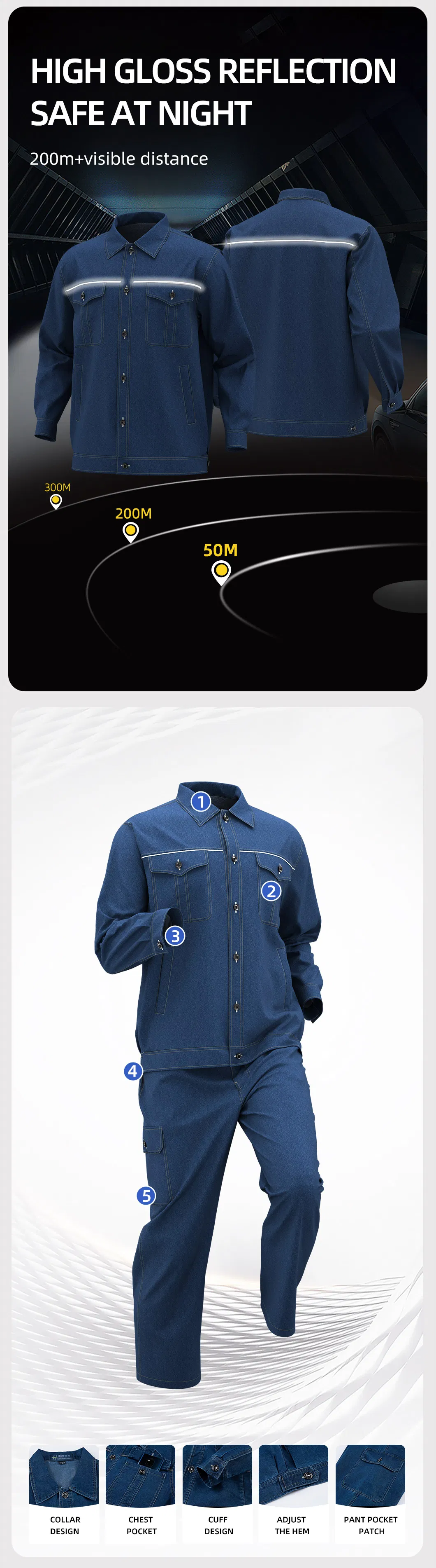 Conjunto de Trabalho de Jeans Macio de Manga Longa de Verão, Confortável, com Refletor, Denim para Homens e Mulheres