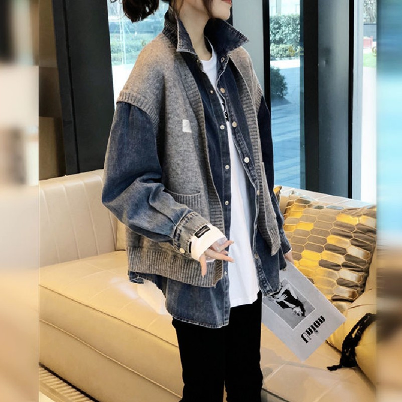 Camisa de Denim com Splicing da Estação Europeia, Casaco, Primavera e Outono, Nova Moda, Roupas Abertas de Duas Camadas para Mulheres, Atacado