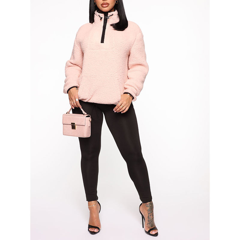 Venda Quente Mulher Pulôver de Veludo de Algodão com Zíper Meio Inverno Quente Moletom Casual Moda Feminina