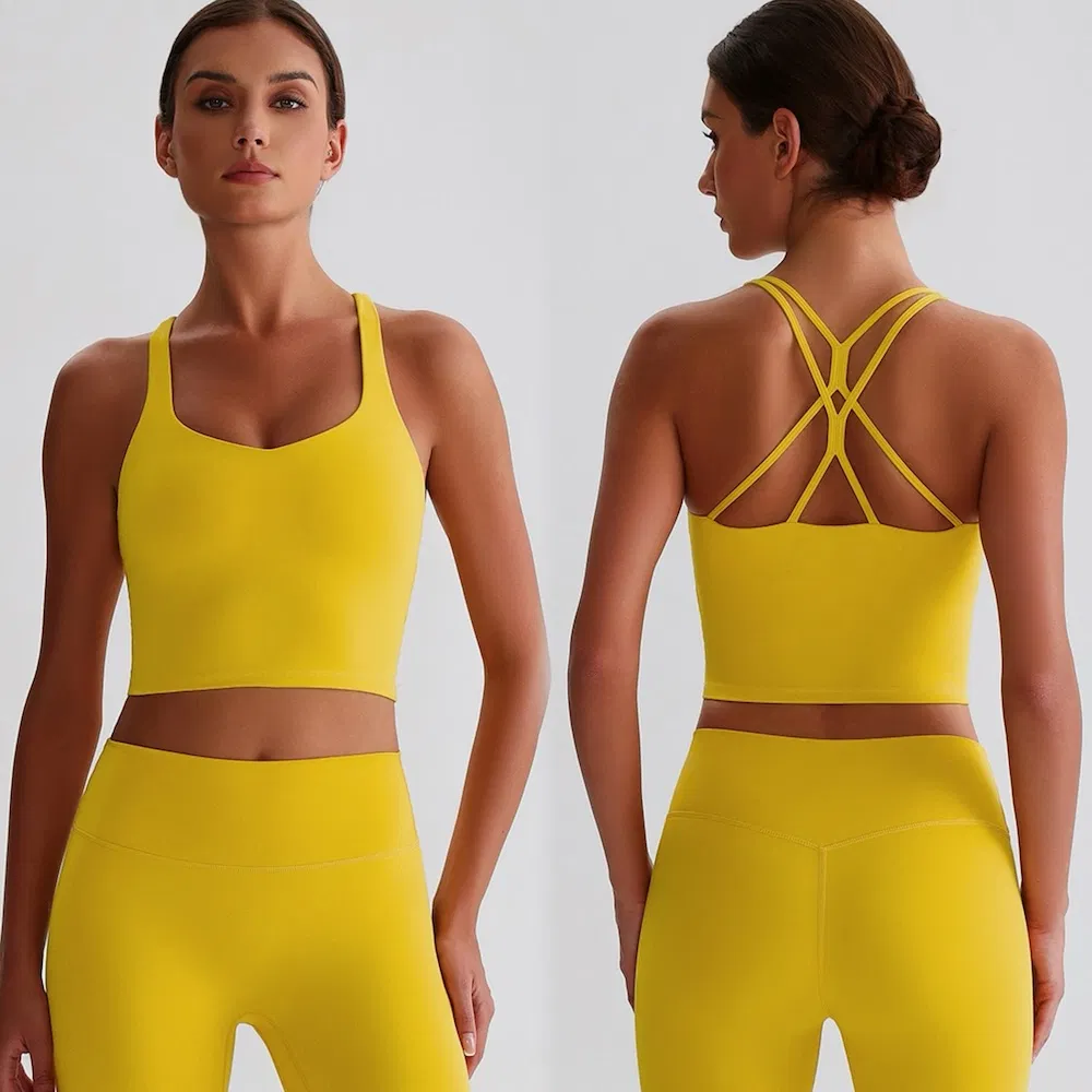 Nova Moda Sustentável de Roupas de Yoga e Pilates, Top Atlética com Costas Cruzadas e Almofadas Removíveis para Mulheres, Camisetas de Esportes ao Ar Livre com Logotipo Personalizado