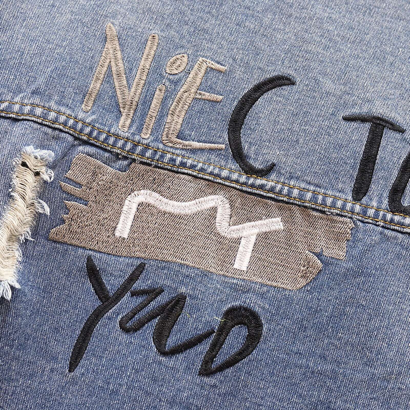 Mulheres moda Outono Bordados Jaqueta Denim solto da roupa