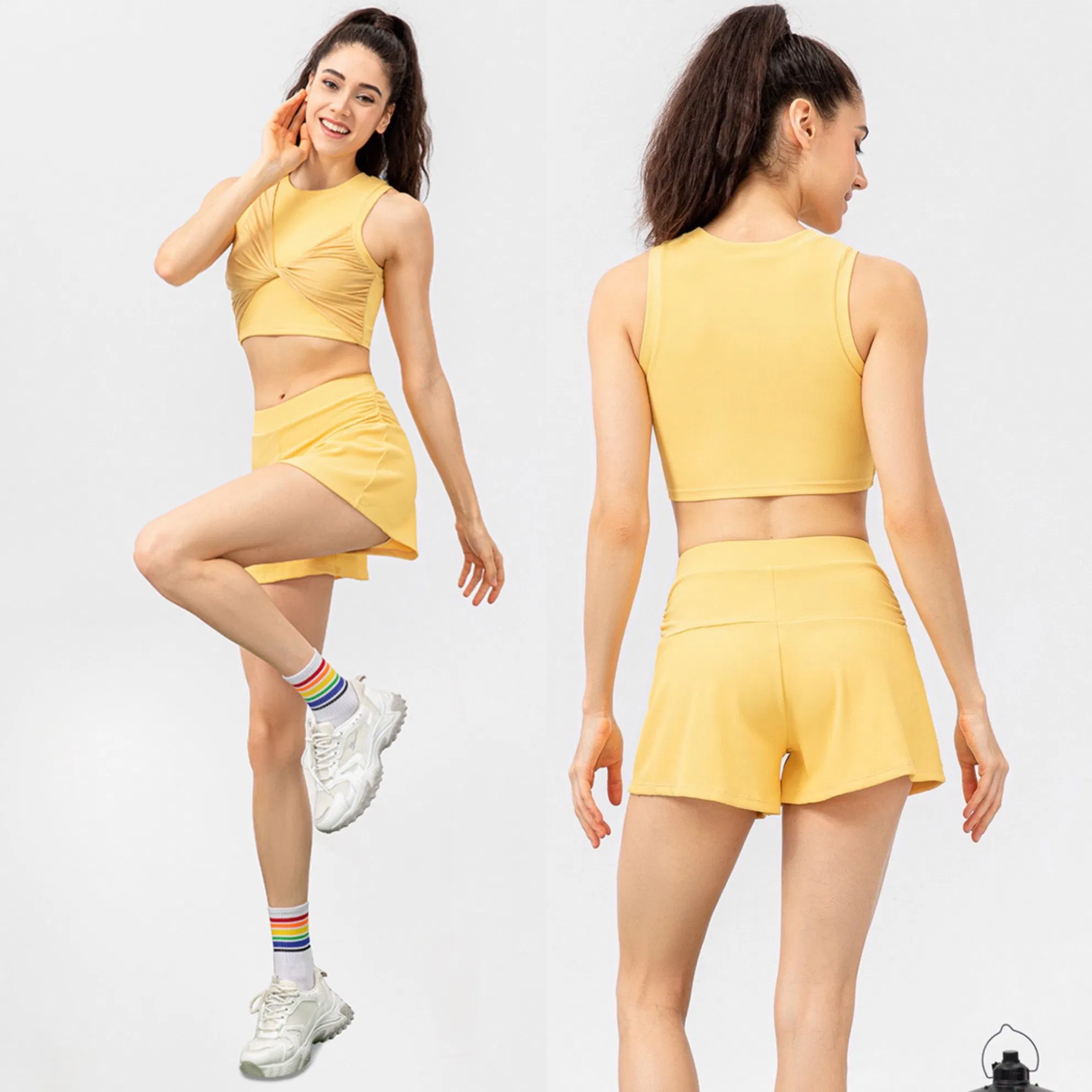 2 Conjunto Fofo de Verão Roupas de Lazer Ribbed para Exercícios Corrida Tênis Golfe Ciclismo para Mulheres, Top de Ginástica Casual com Shorts Atletas Roupas Esportivas Casuais
