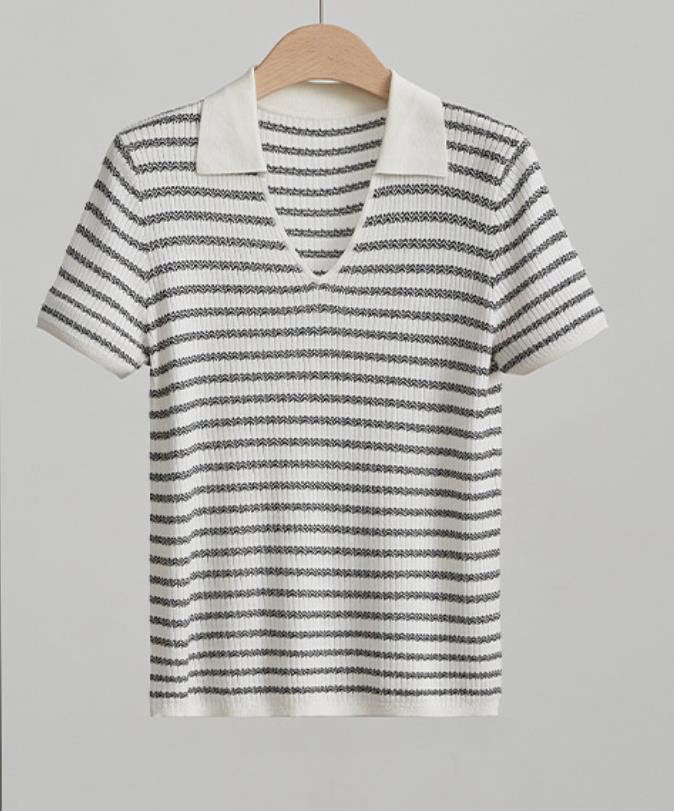 Fábrica Personalizada Blusas de Seda para Mulheres com Manga Curta Listrada e Gola Polo