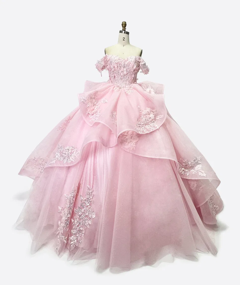 Vestido de Festa de Quinceanera Rosa Princesa Off Shoulder com Decote Coração em Renda para Mulheres, Vestido de Casamento, Vestido de Menina, Vestido de Baile