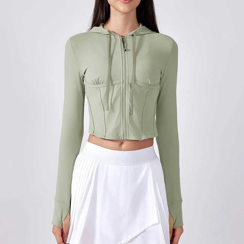 Jaqueta de Fitness ao Ar Livre para Mulheres, Cropped, Ajuste Slim, com Capuz, com Cordão, Casaco para Treino