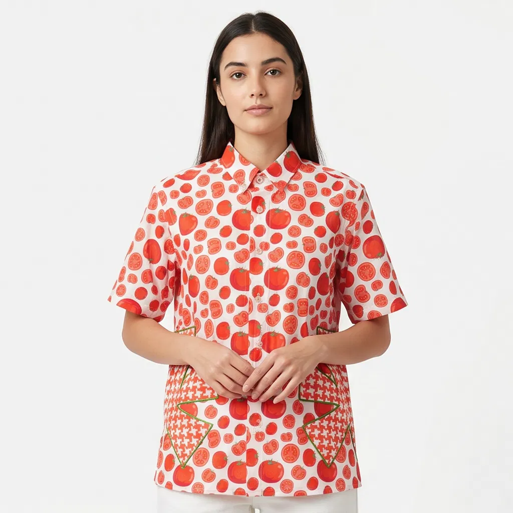 Camisa de manga curta com estampa de tomate para mulheres, colarinho dobrado, padrão contrastante em spliced, bolso solto, blusa casual, fabricante de roupas por atacado
