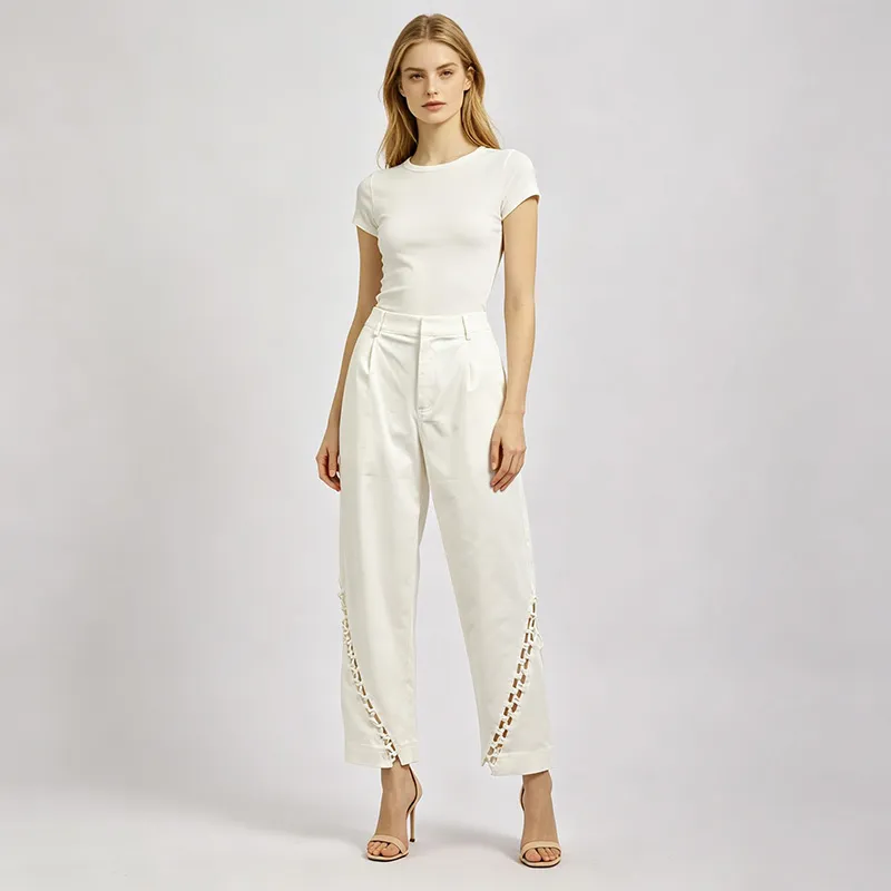 Calças cropped de cintura alta off white com recortes laterais, calças soltas plissadas para escritório, modelo reto para mulheres, personalização OEM