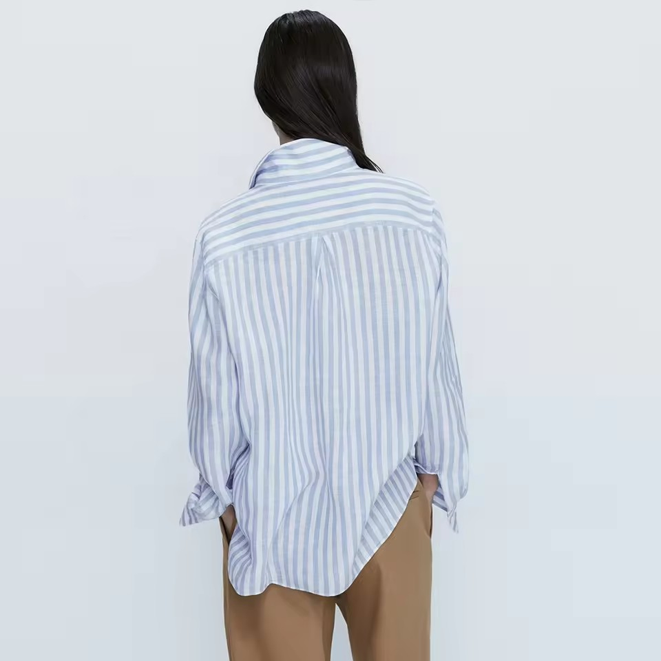 Camisas Listradas de Algodão e Linho Personalizadas, Blusas Casuais de Manga Longa para Mulheres, Camisas Confortáveis com Ombros Caídos e Botões