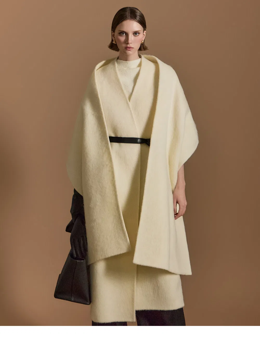 Casaco de Lã com Gola de Cape de Luxo para Mulheres, Oversized, com Cinto, Sobretudo Longo de Lã, Elegante, Roupa Externa