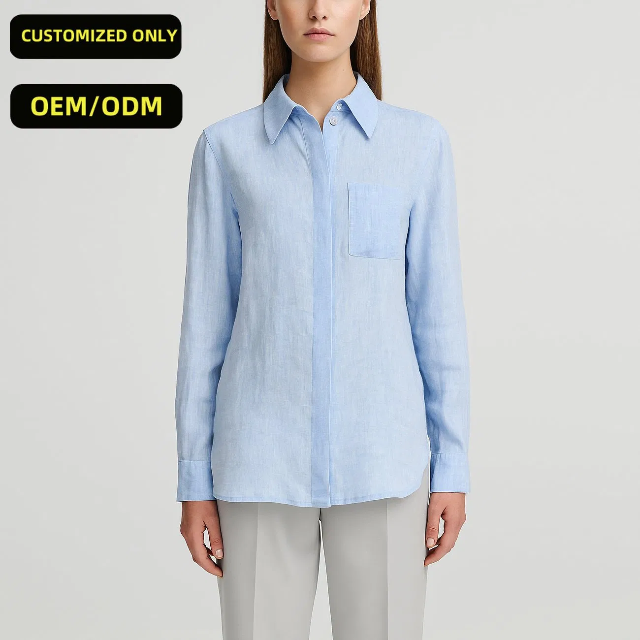 Blusa de Linho Elegante de Manga Longa Personalizada para Mulheres