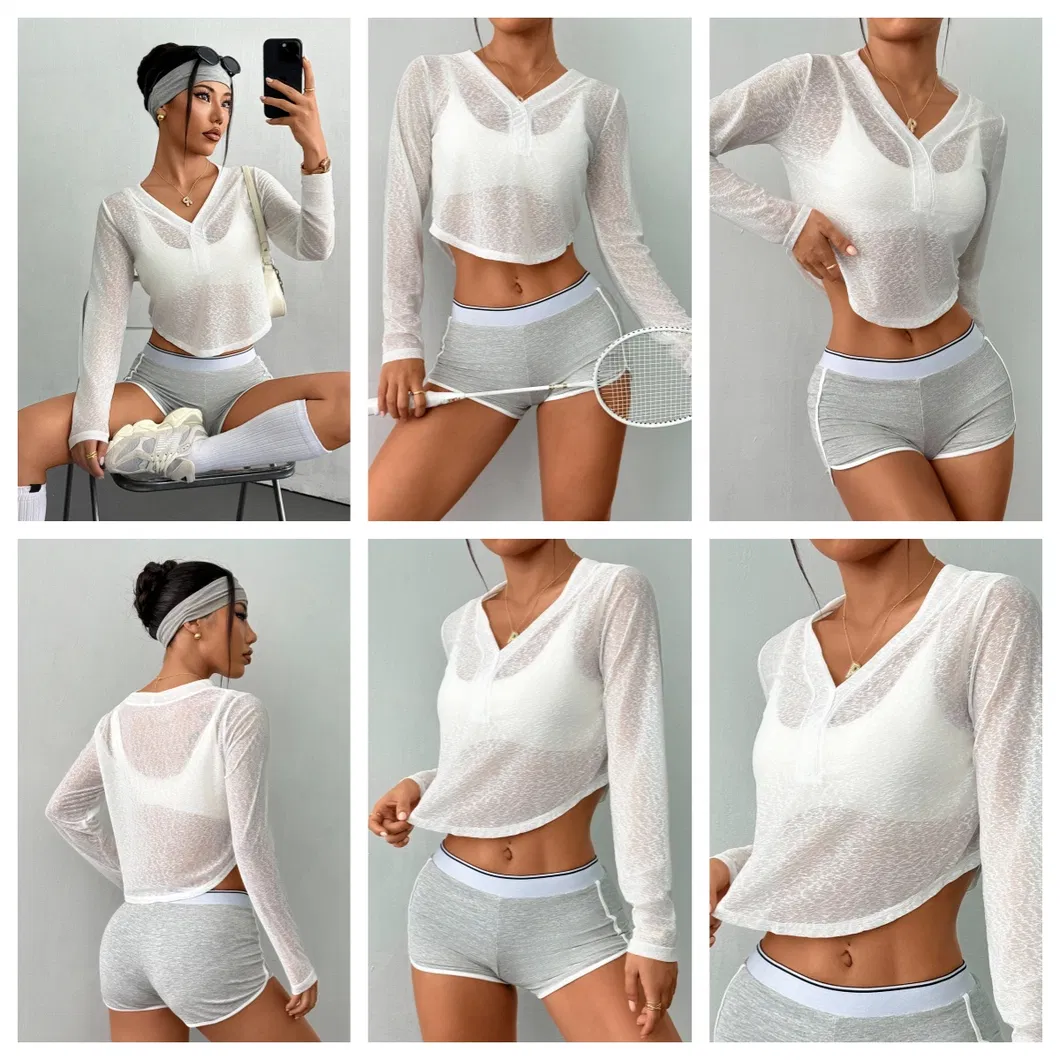 Camiseta blusa feminina solta de decote em V, leve, fina, com recortes e mangas longas