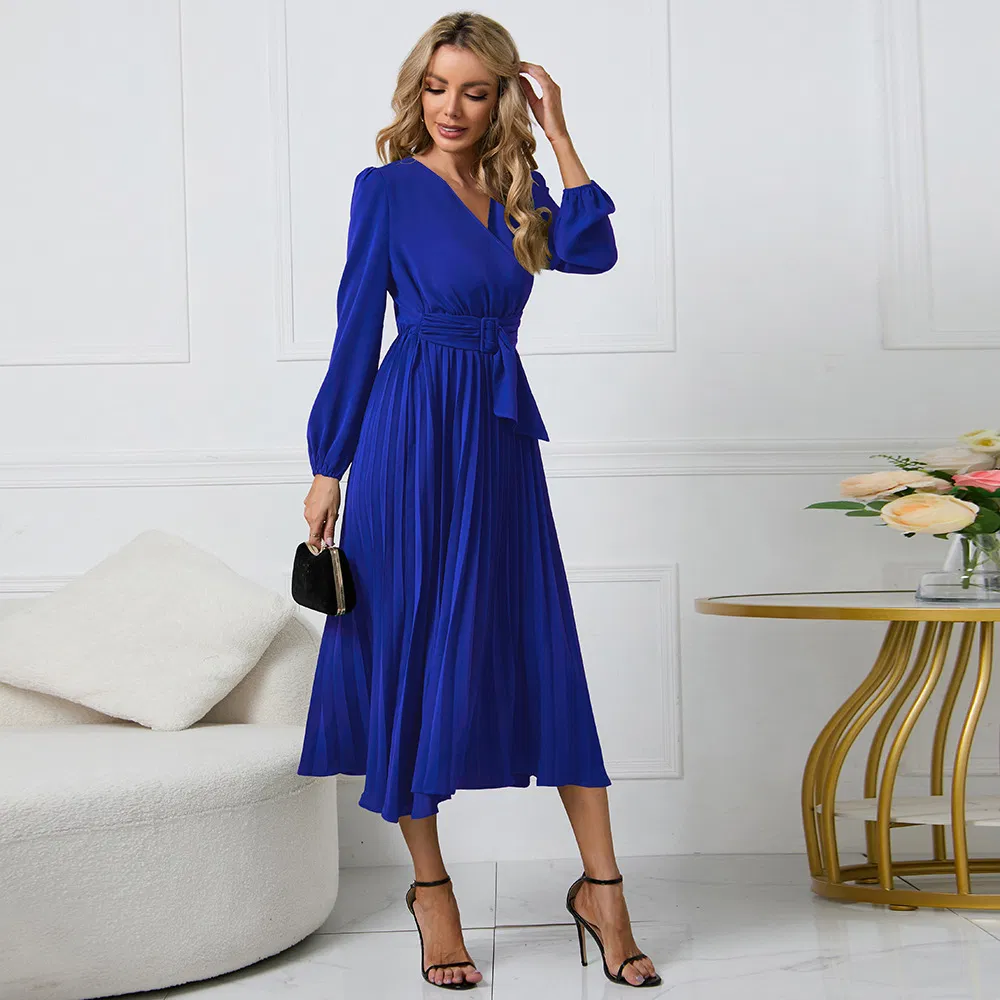 Fábrica OEM por atacado personalizada moda mulheres senhoras vestido longo de chiffon plissado para festa à noite