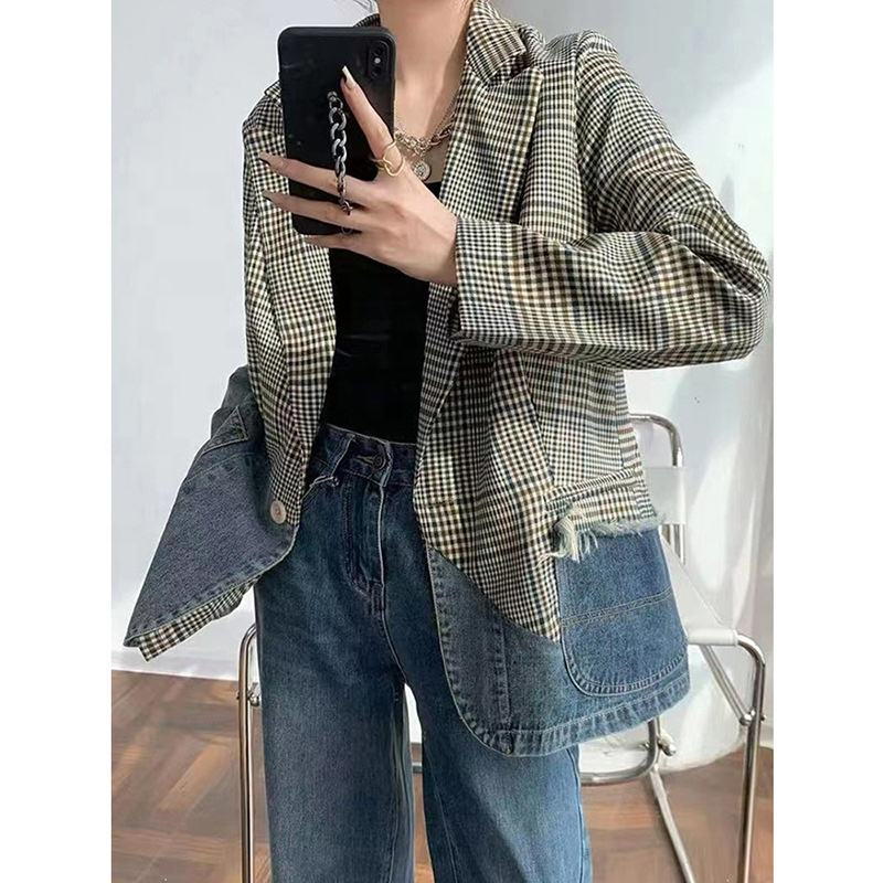Conjunto Personalizado Atacado Colar Elegante Casual Jaqueta Esportiva de Denim com Patchwork Xadrez para Mulheres