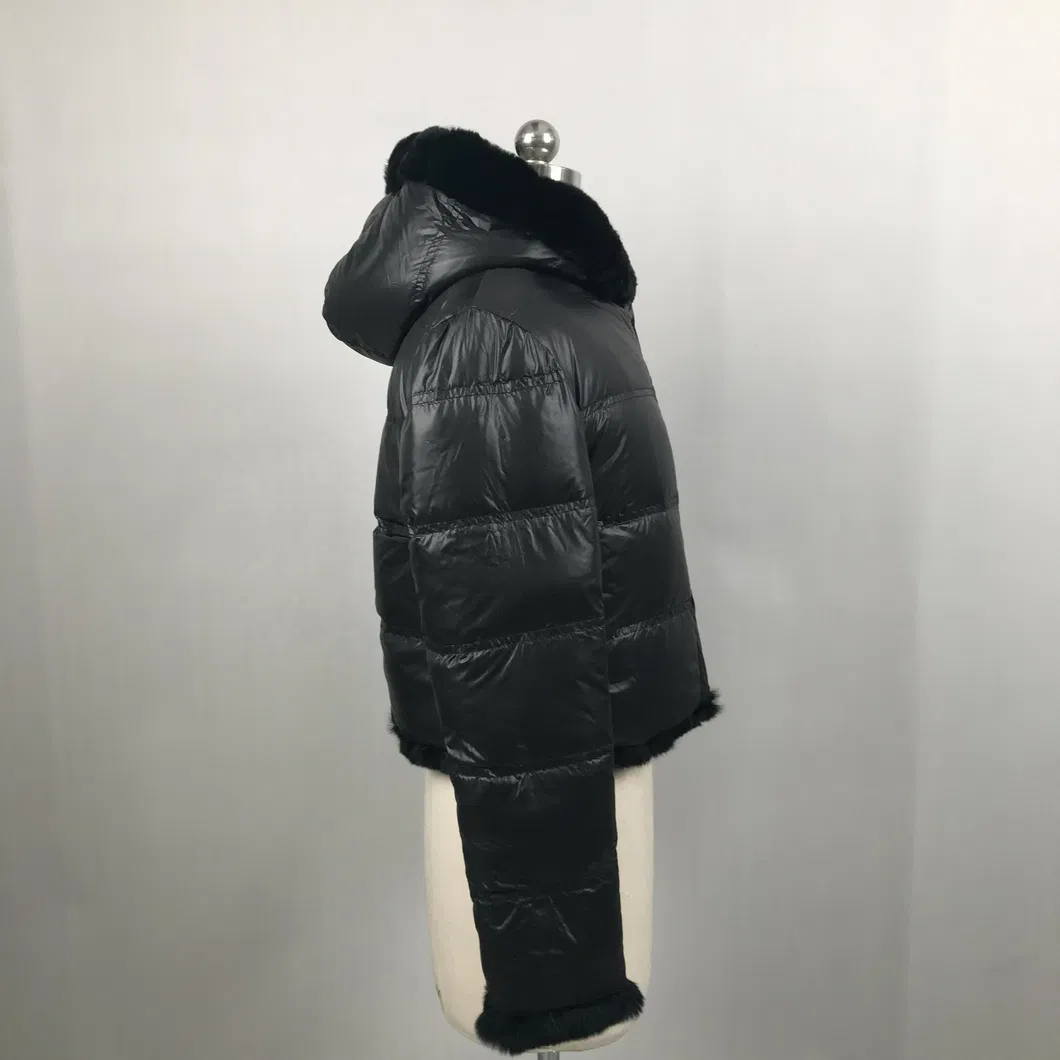 Atacado Mulheres Inverno Quente Personalizado Reversível Com Capuz Manga Longa Senhora Casaco de Pato Rex Coelho Mulheres Casaco de Pêlo Real