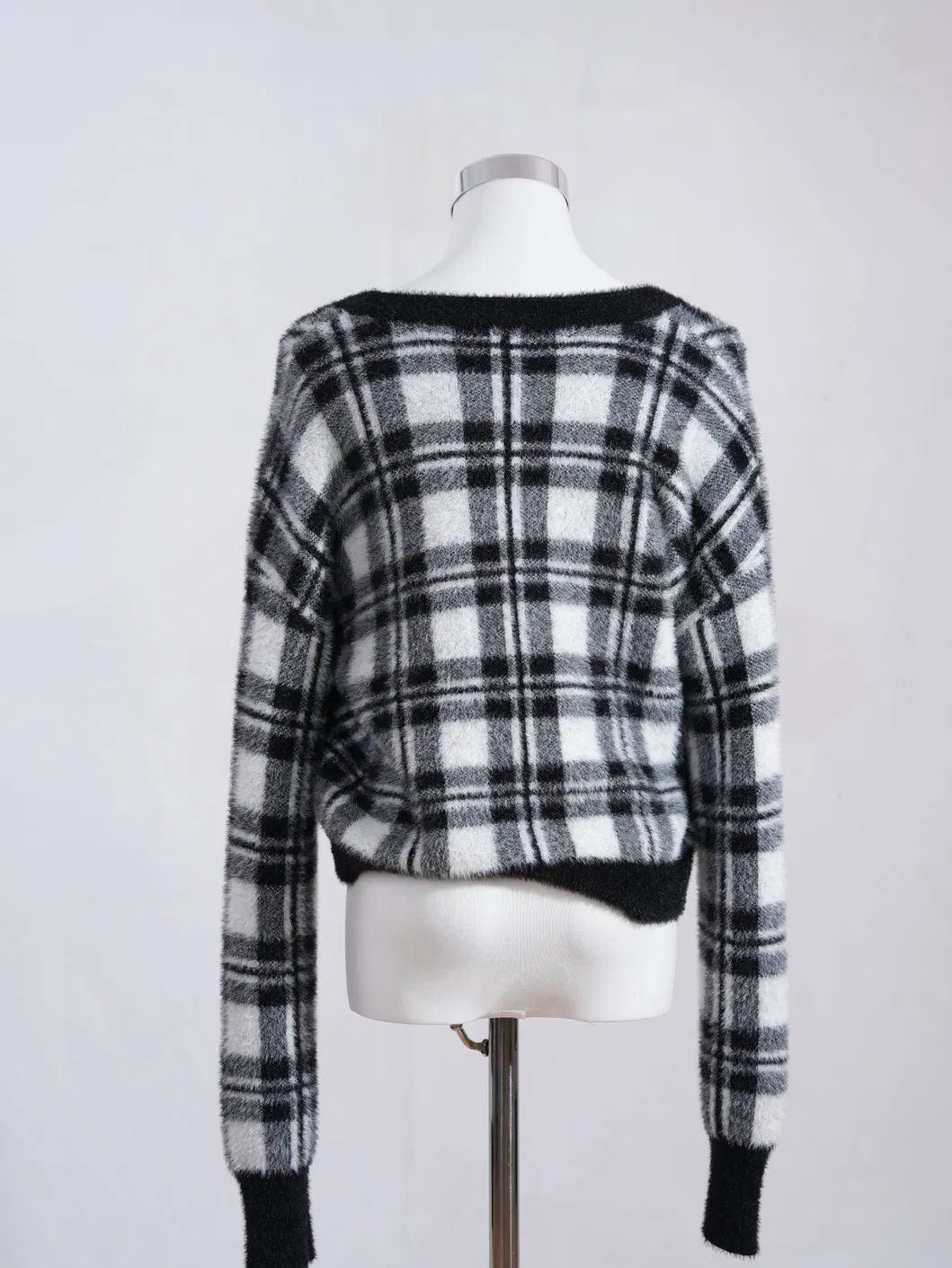 Cardigã de Malha Fuzzy de Nylon Xadrez Feminino 100% Moda Urbana