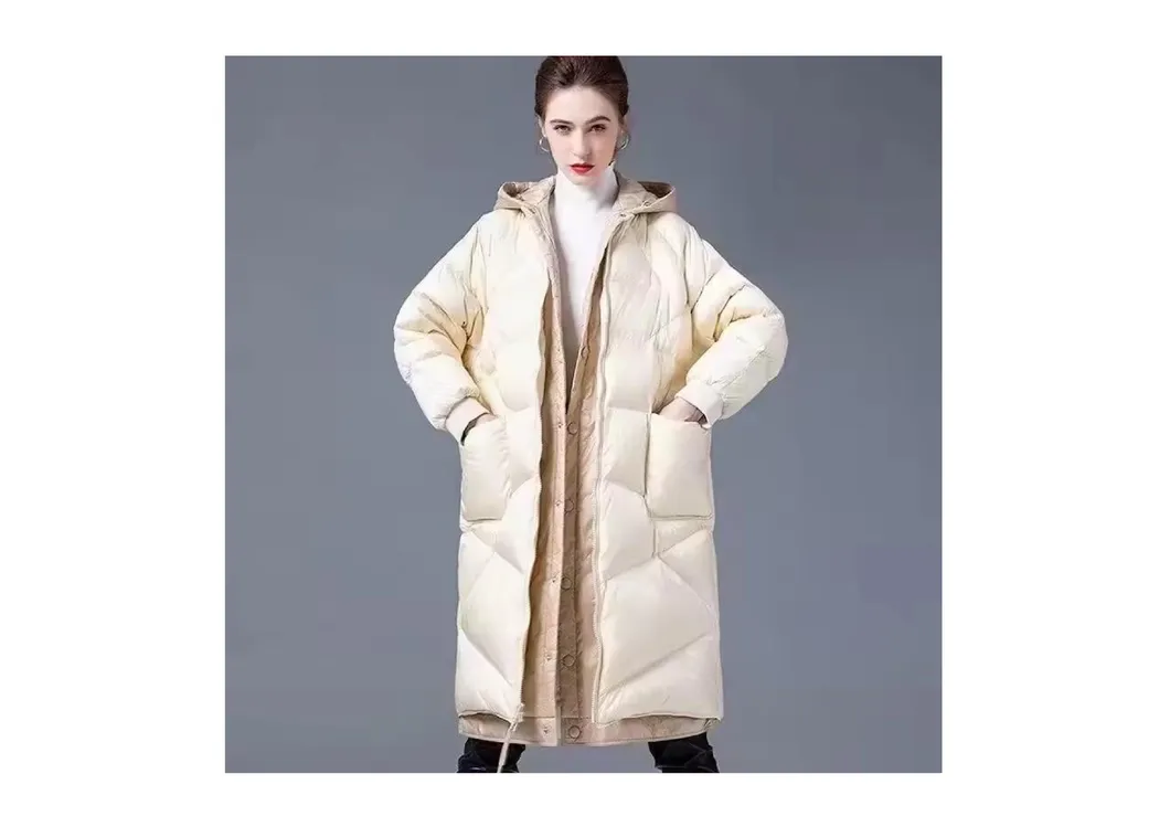 Casacos de Inverno Femininos Ajustados por Atacado com Capuz Quente, Tecido Branco de Plumas, Resistente à Água e à Vento