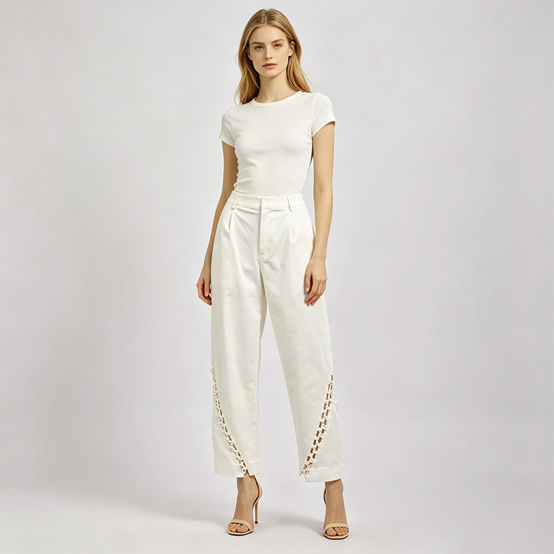 Calças cropped de cintura alta off white com recortes laterais, calças soltas plissadas para escritório, modelo reto para mulheres, personalização OEM