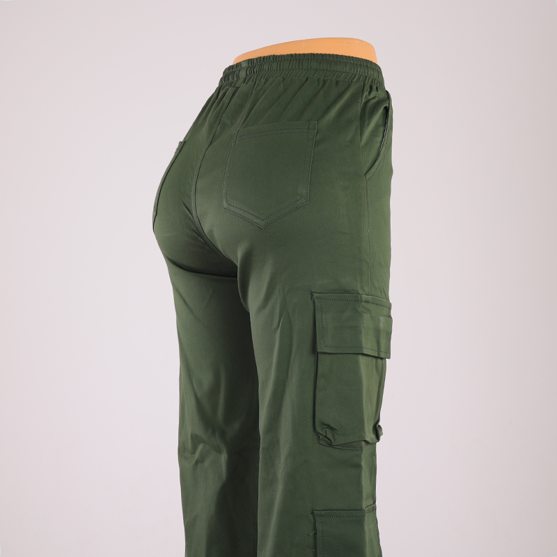 Calças Casuais Femininas Largas 100% Algodão Twill Múltiplos Bolsos Funcionais
