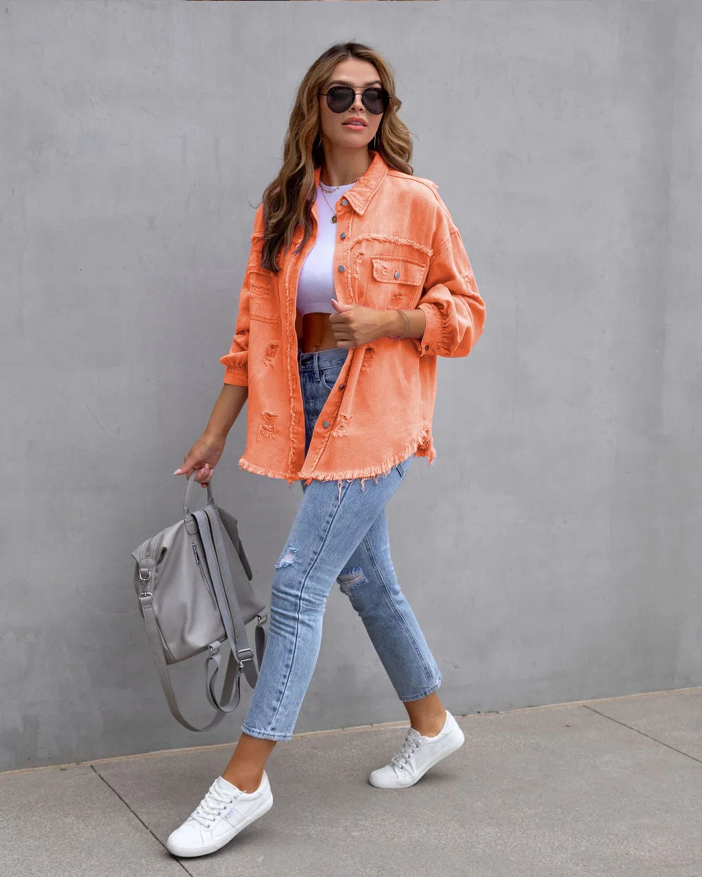 Jaqueta de Denim Multicolorida para Mulheres Roupas Casuais Casaco Feminino de Comprimento Médio Jaquetas de Denim Desgastadas Camisas Soltas Casuais para Quatro Estações Jaqueta de Jeans Moda de Rua