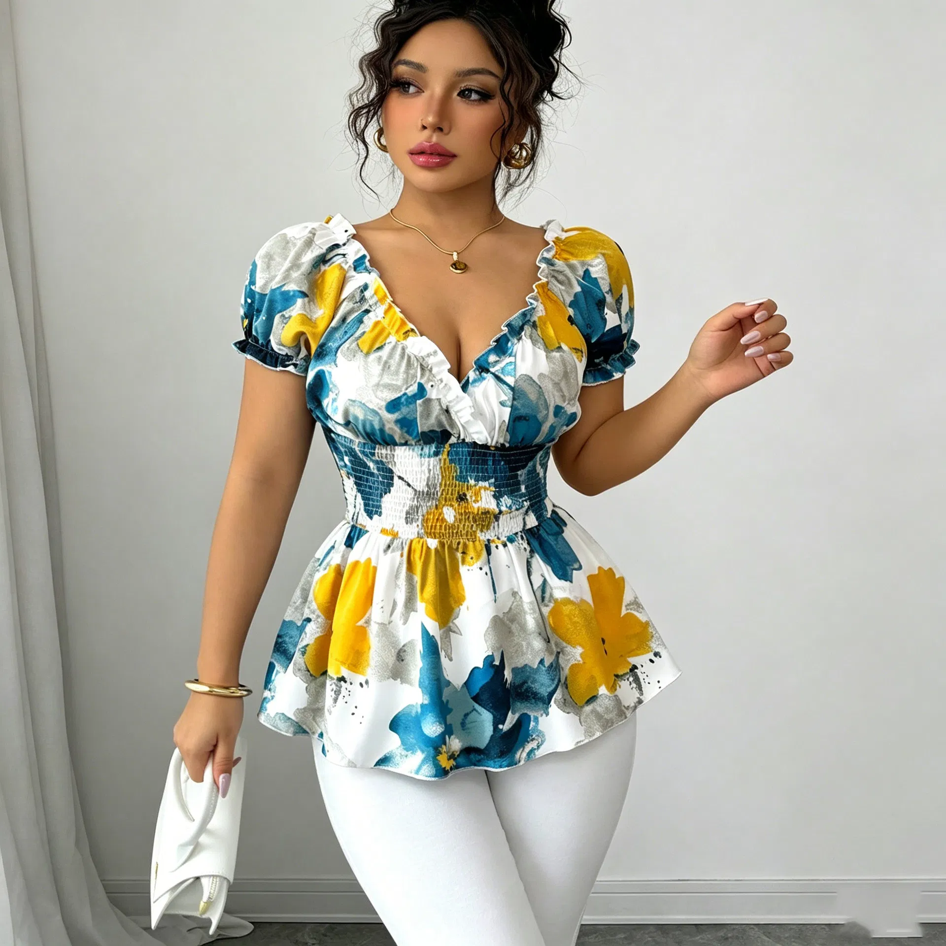 Blusa peplum ajustada de verão com decote em V, mangas curtas com babados, cintura smock e estampa floral para mulheres, personalizada OEM ODM