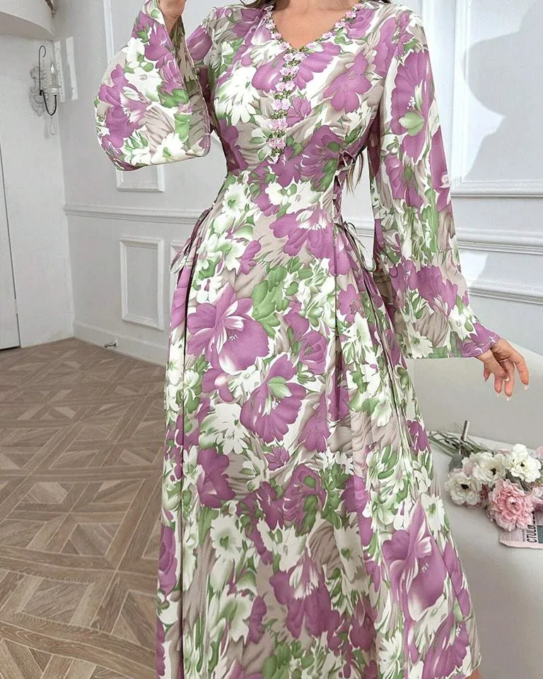 Vestido Maxi Floral de Chiffon para Mulheres, com Decote em V, Manga Sino, Vestido Longo Boho, Vestido em A-Line