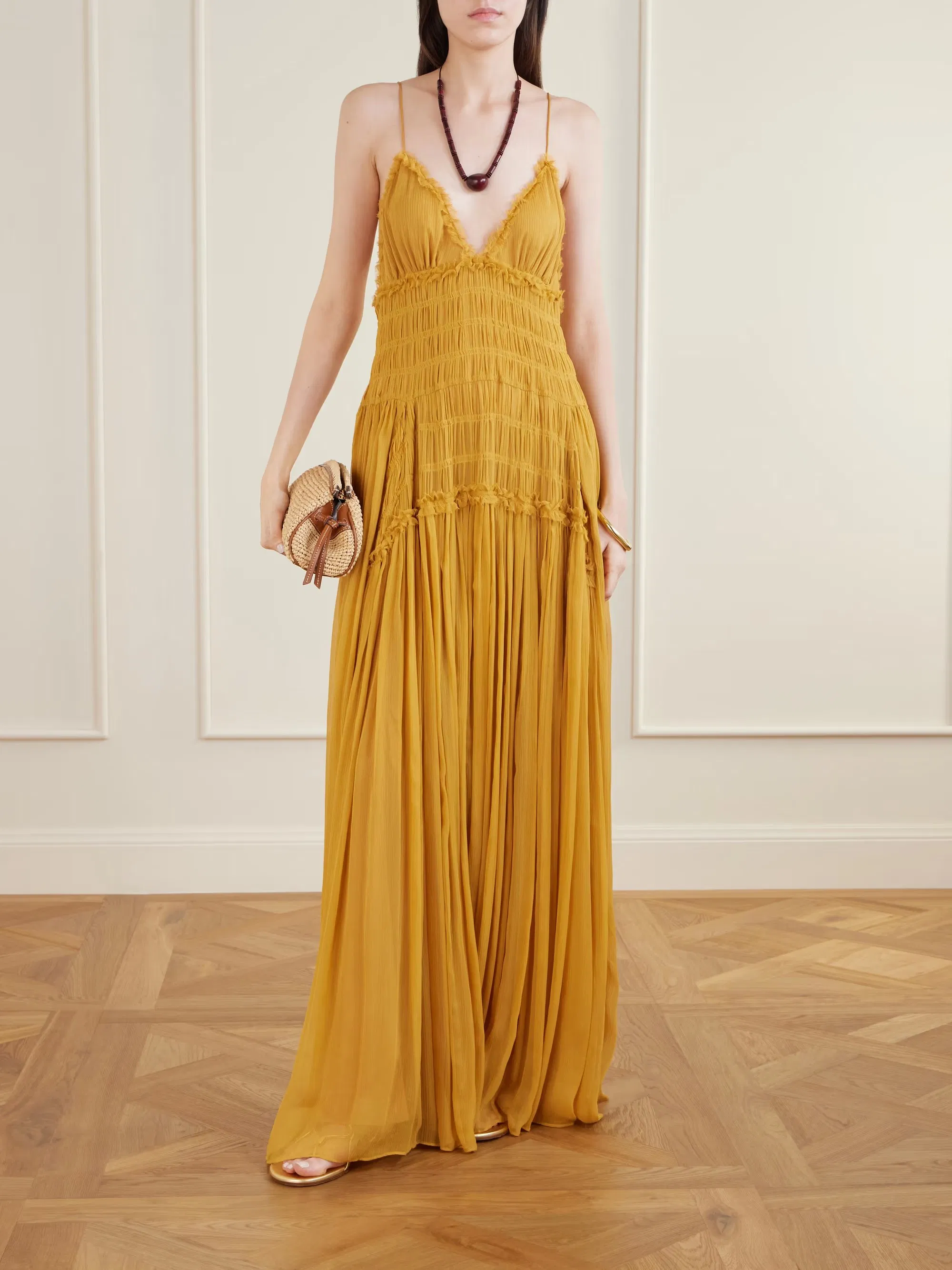 Vestido Feminino Maxi Chiffon Boho com Alças Finas, Costas Descobertas, em Camadas, Decote em V, Franjas, Fluido, para Verão, Praia, Férias, Evento