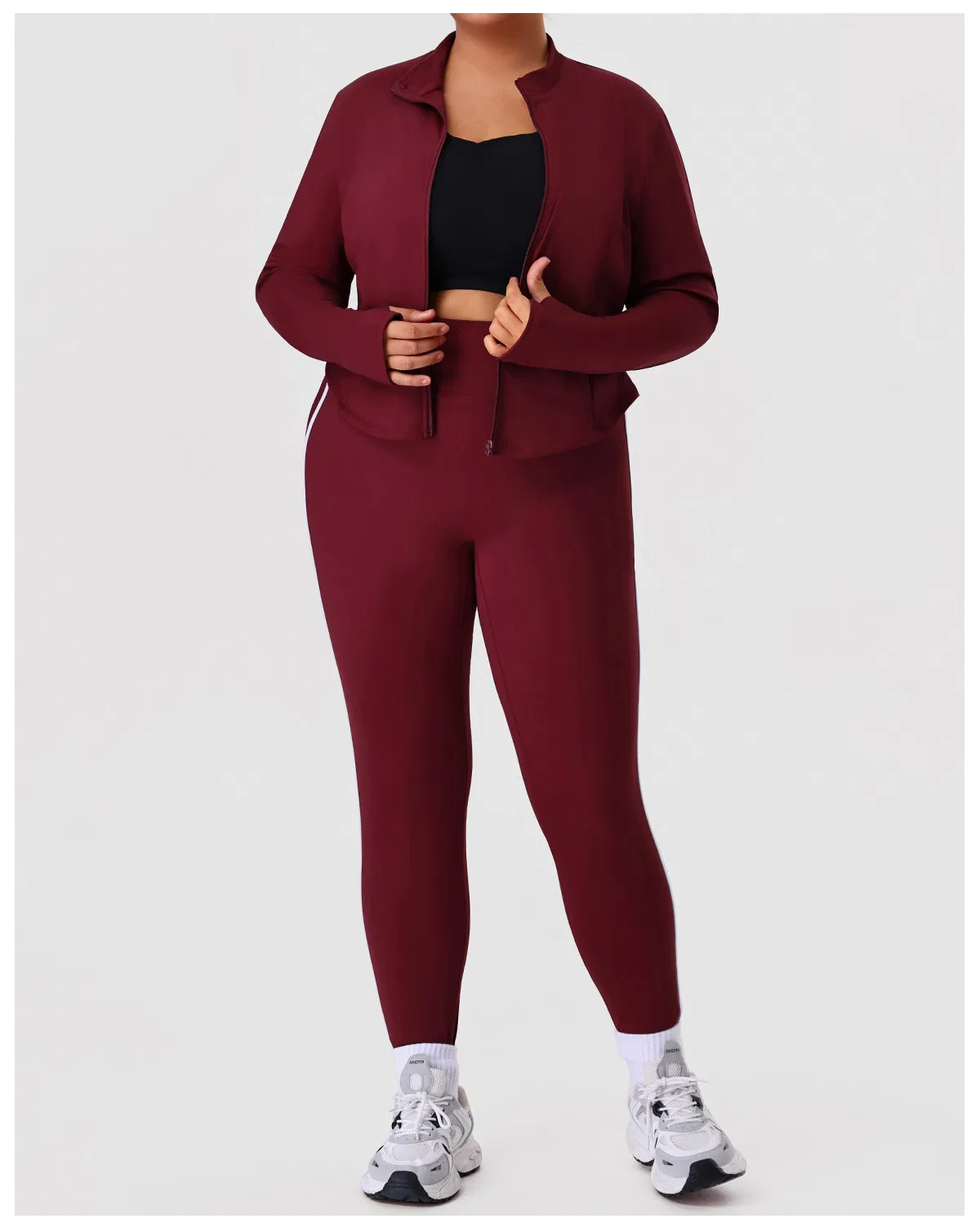 Roupas de Fitness para Corrida Feminina com Leggings de Cintura Alta em Tamanhos Grandes com Bloco de Cores e Casaco Emagrecido