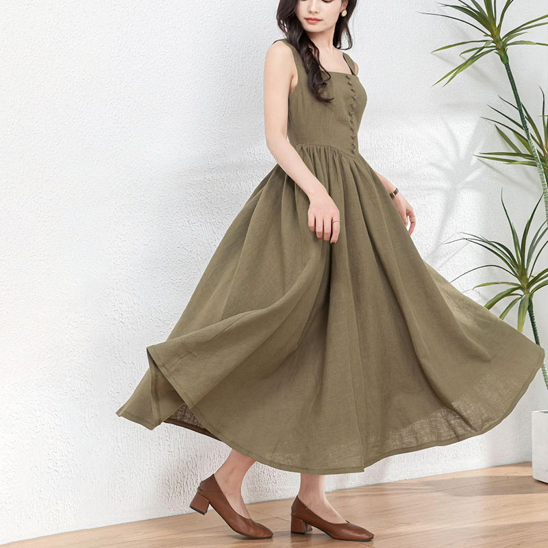 Vestido Maxi de Linho Feminino Trendy com Exclusivas Aplicações de Botões