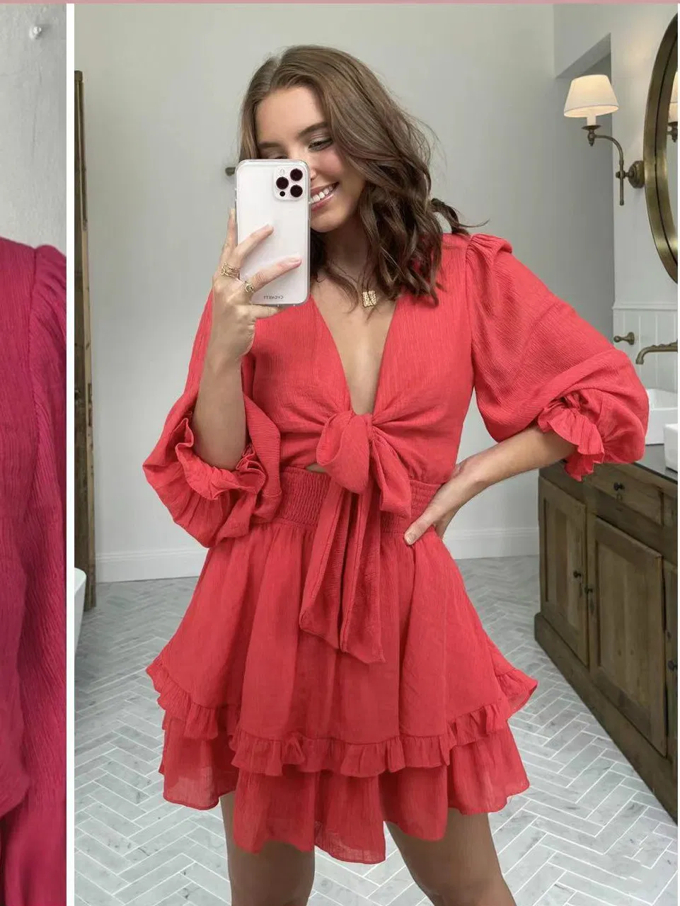 Vestido curto casual de verão feminino com decote em V e mangas longas