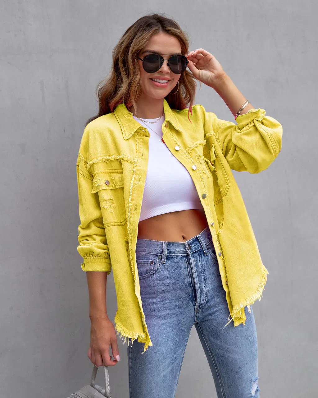 Jaqueta de Denim Multicolorida para Mulheres Roupas Casuais Casaco Feminino de Comprimento Médio Jaquetas de Denim Desgastadas Camisas Soltas Casuais para Quatro Estações Jaqueta de Jeans Moda de Rua