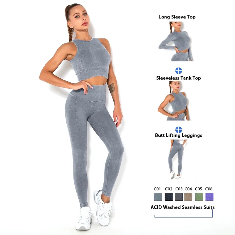 Conjunto de Roupas de Treino para Mulheres em Estilo Vintage com Lavagem Ácida 2 Leggings Sem Costura de Cintura Alta com Top Sem Mangas Almofadado Removível para Yoga