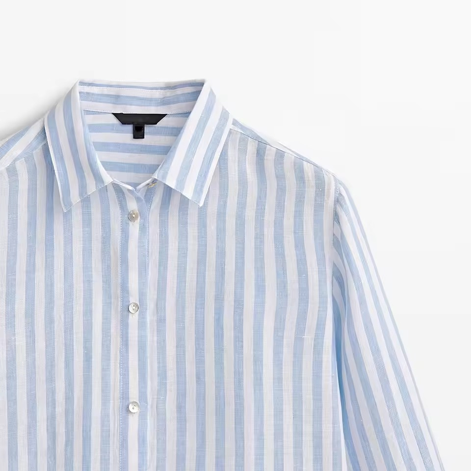 Camisas Listradas de Algodão e Linho Personalizadas, Blusas Casuais de Manga Longa para Mulheres, Camisas Confortáveis com Ombros Caídos e Botões