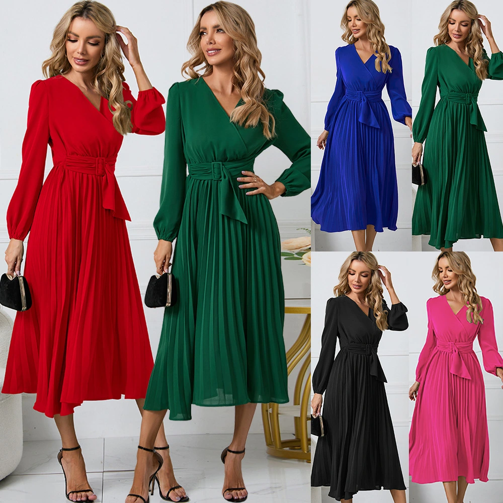 Fábrica OEM por atacado personalizada moda mulheres senhoras vestido longo de chiffon plissado para festa à noite